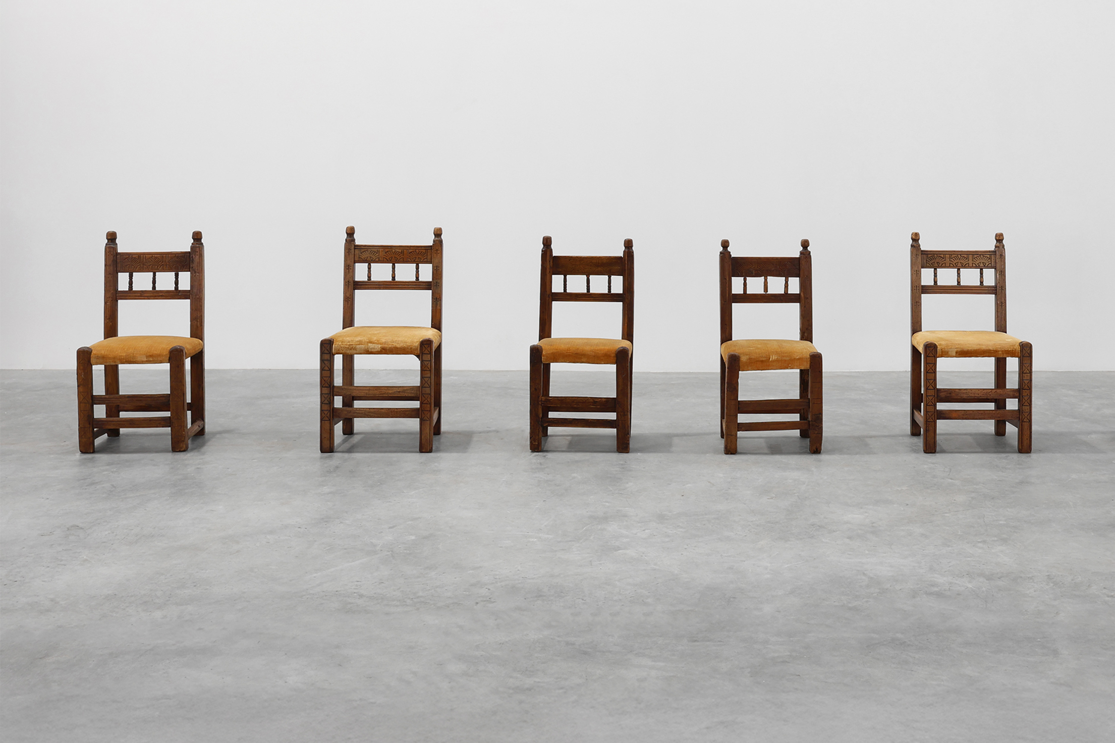 Six 19th Century Spanish Hand-Carved oak Side Chairs with Velour Seatthumbnail